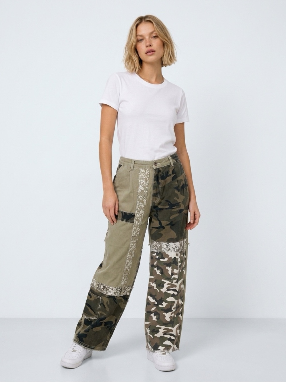 POL Women's Wide Leg Patchwork Cargo Pants - Olive & Camouflage